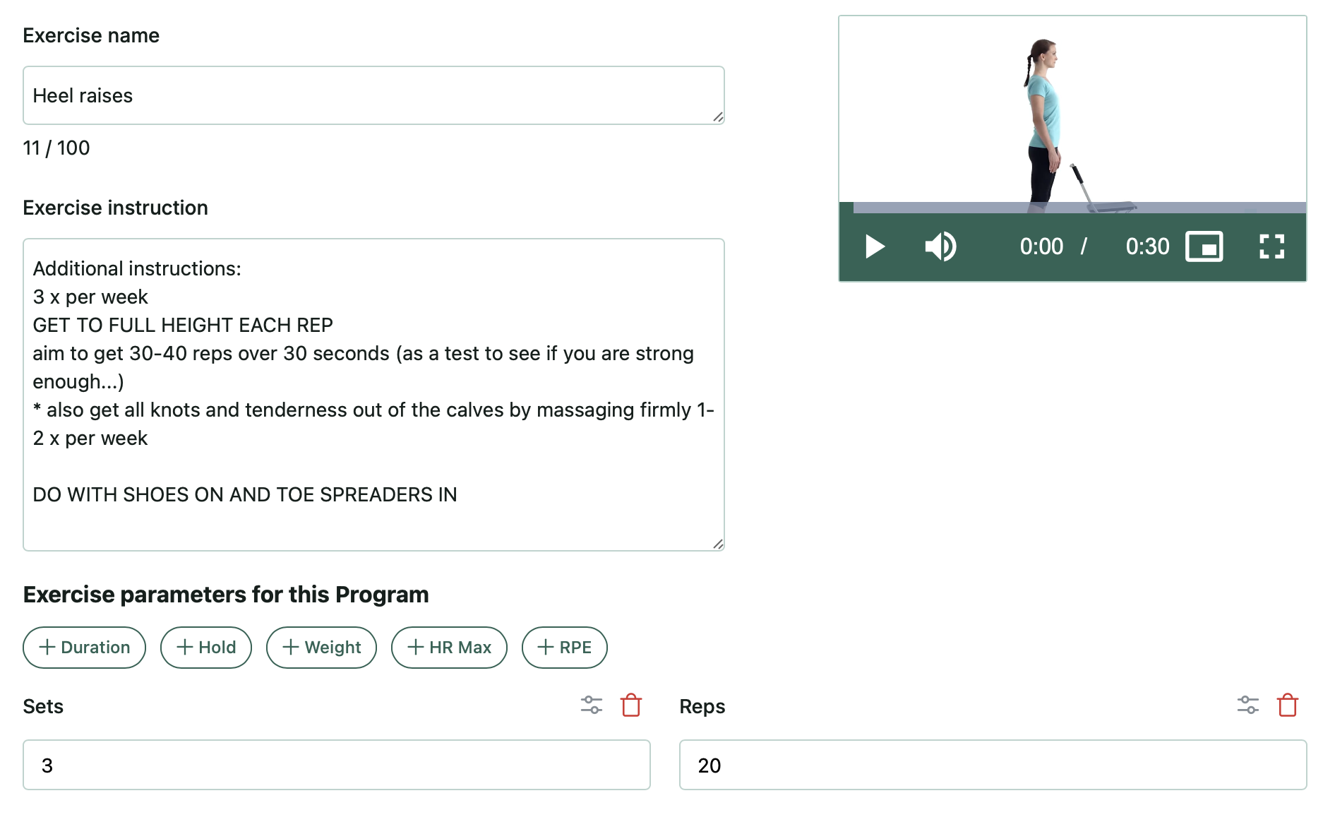 Exercise detail view with instructions and parameters